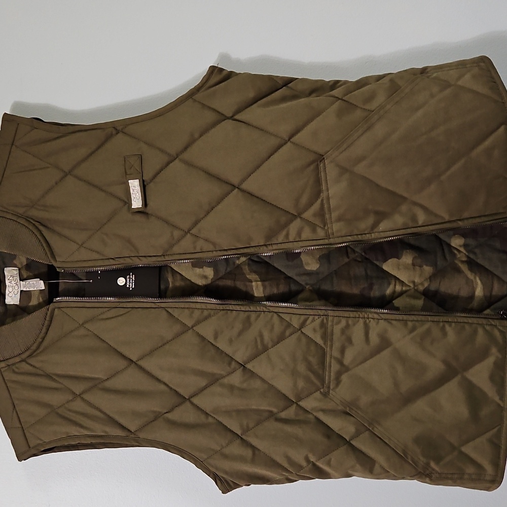 Ocean Coast Quilted Camo Lined Green Zip-Up Men's Vest W/Pockets Size M  #1022